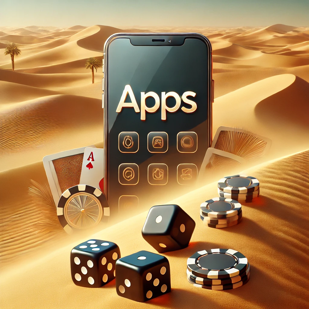 A-scene-in-an-Arabic-desert-with-casino-chips-dice-and-playing-cards-scattered-across-the-sand-dunes.-The-word-Apps-is-prominently-displayed